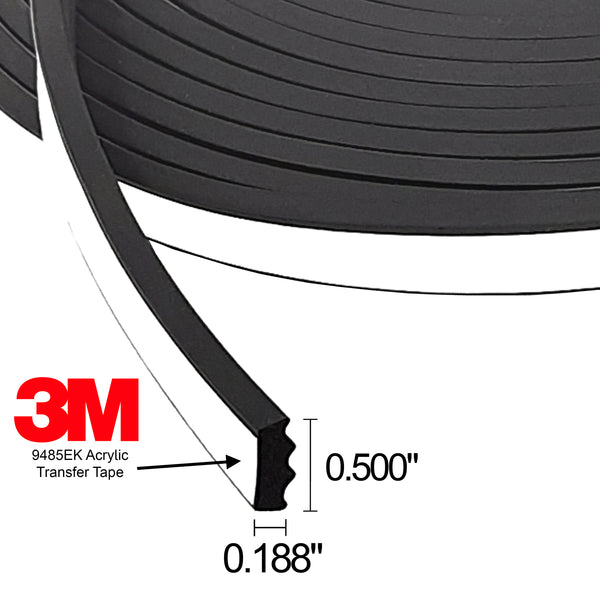 ESI Ribbed Rectangle EPDM Rubber Seal .187” H 500” W 25’ L w/3M Acrylic Tape